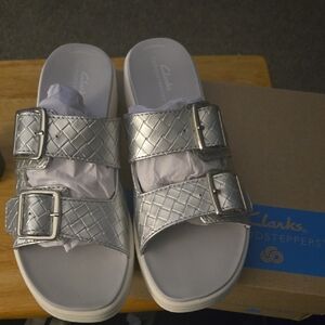 Clarks Women's Quilted Silver Buckle Sandals